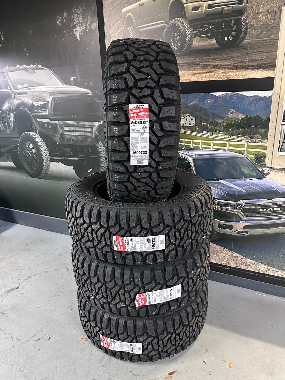 35x12.50r20LT 12ply Set of FOUR Summit RT 45k Warranty With Mount & Balance